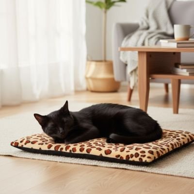 Tapis chat et chat noir devant une fenêtre