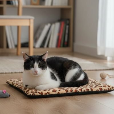 Tapis chat et chat noir et blanc couché dessus