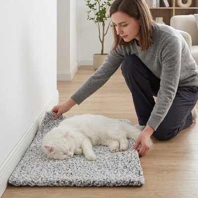 Tapis Chat femme avec chat qui dort sur tapis 