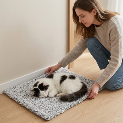 Tapis Chat femme qui installe le chat sur tapis 