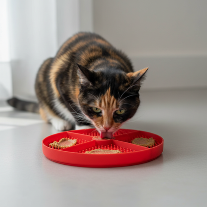 Tapis de léchage rouge avec chatte isabelle