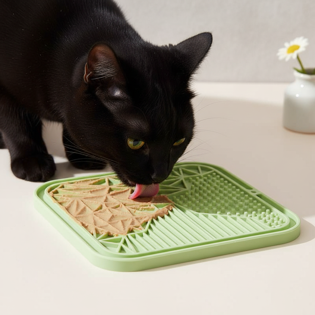 Tapis de léchage vert avec chat noir