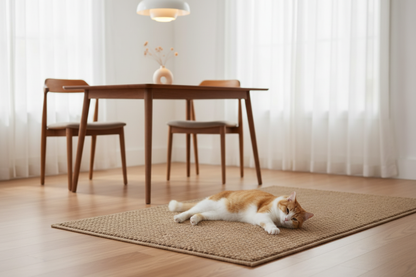Tapis griffoir beige avec chat en salle à manger