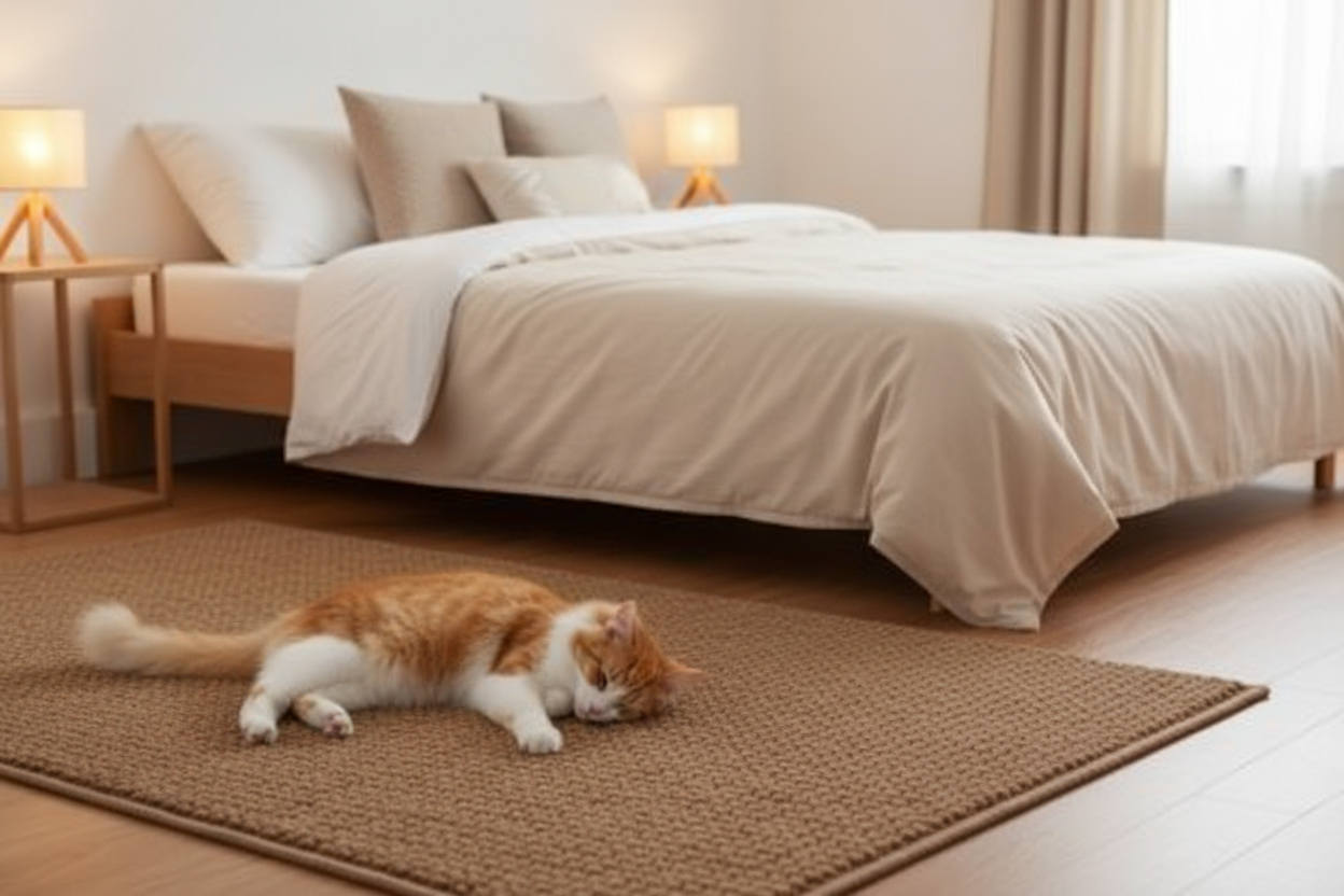Tapis griffoir caramel avec chat en chambre
