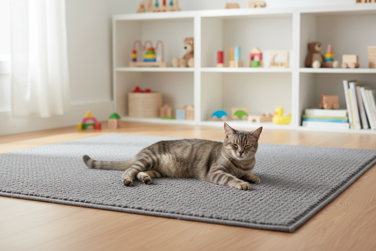 Tapis griffoir gris avec chat en salle de jeux