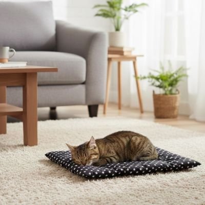 Tapis pour chat avec chaton tigré dans salon 