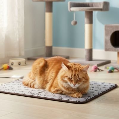   Tapis pour chat dans un salon chat roux couché 