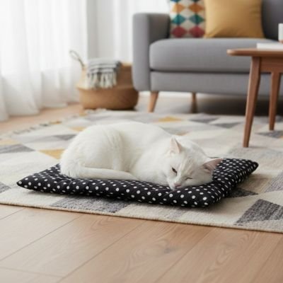 Tapis pour chat devant fauteuil gris avec chat blanc couché