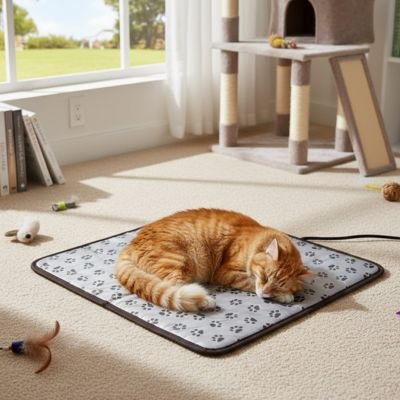   Tapis pour chat et chat roux devant fenêtre du salon