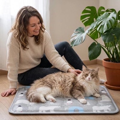 Tapis rafraichissant Chat femme câline le chat installé dessus 