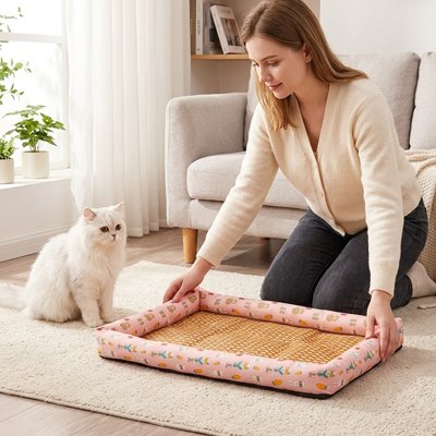 Tapis rafraichissant Chat installé par femme pour chat blanc