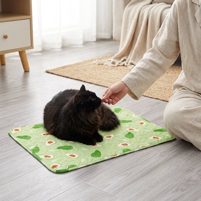 Tapis rafraichissant Chat vert femme caresse chat noir sur 