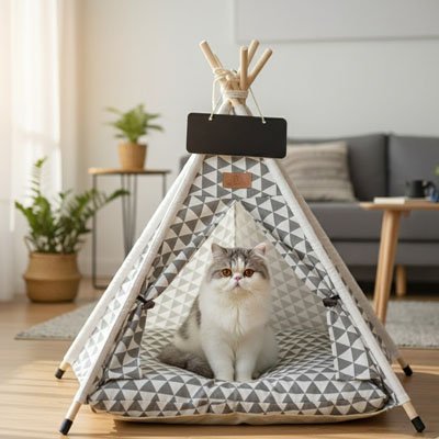 Tente pour chat possède une ardoise pour marquer le nom du chat