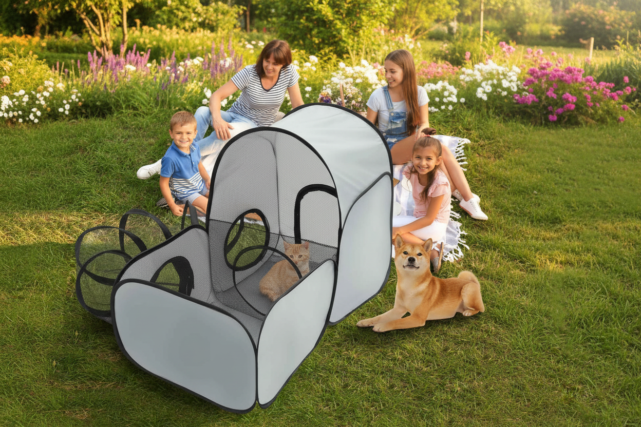 Tunnel gris pour chat dans un jardin