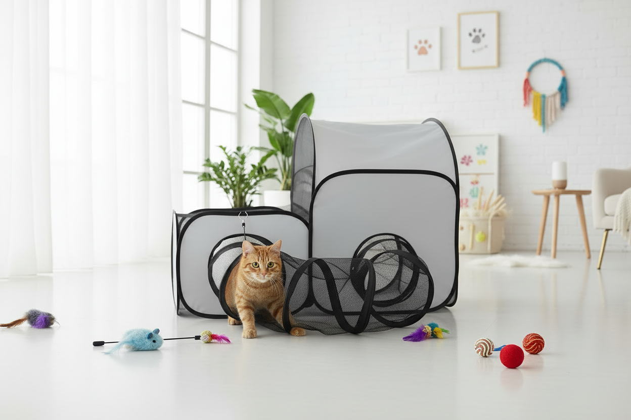 Tunnel gris pour chat dans une salle de jeux