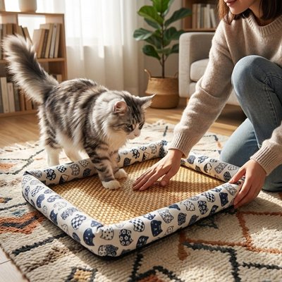 un chat monte sur Tapis rafraichissant Chat femme l'aide